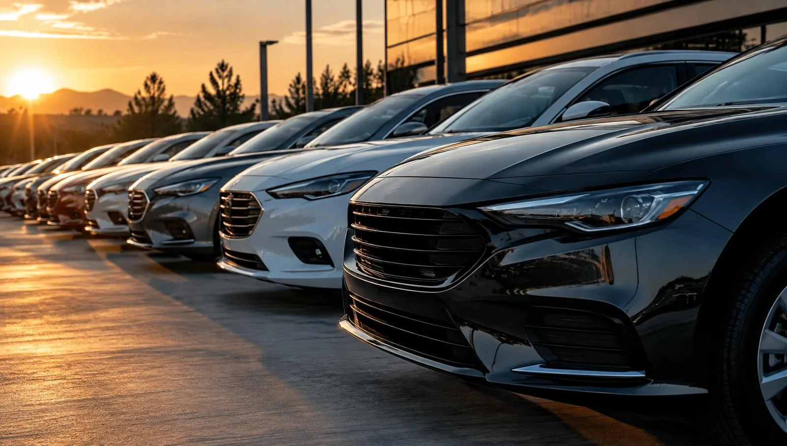 Lineup of cars at an independent rental fleet at sunset