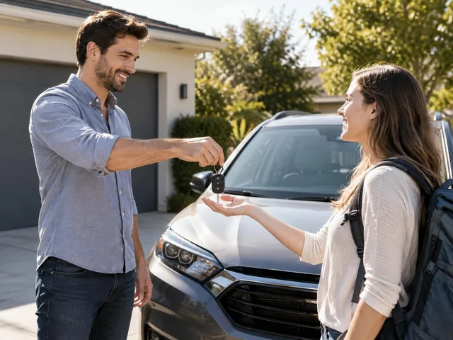 A Host handing car keys to a Guest in a sunny driveway